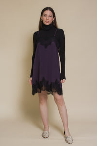 Storia slip dress with lace detail, in purple.