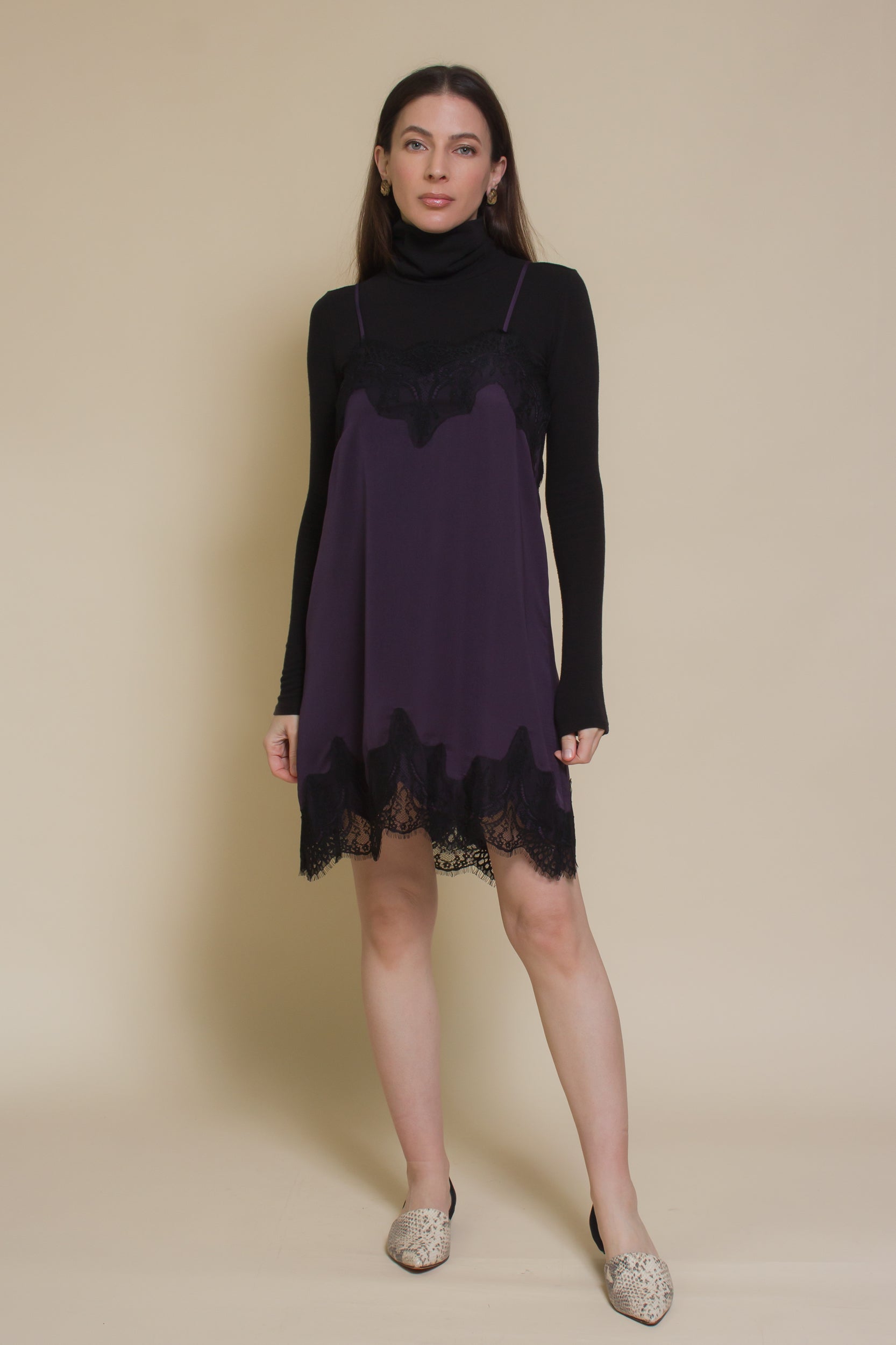 Storia slip dress with lace detail, in purple.