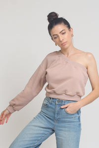 One shoulder cropped sweatshirt, in Taupe.