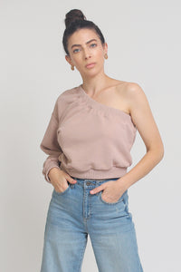 One shoulder cropped sweatshirt, in Taupe.