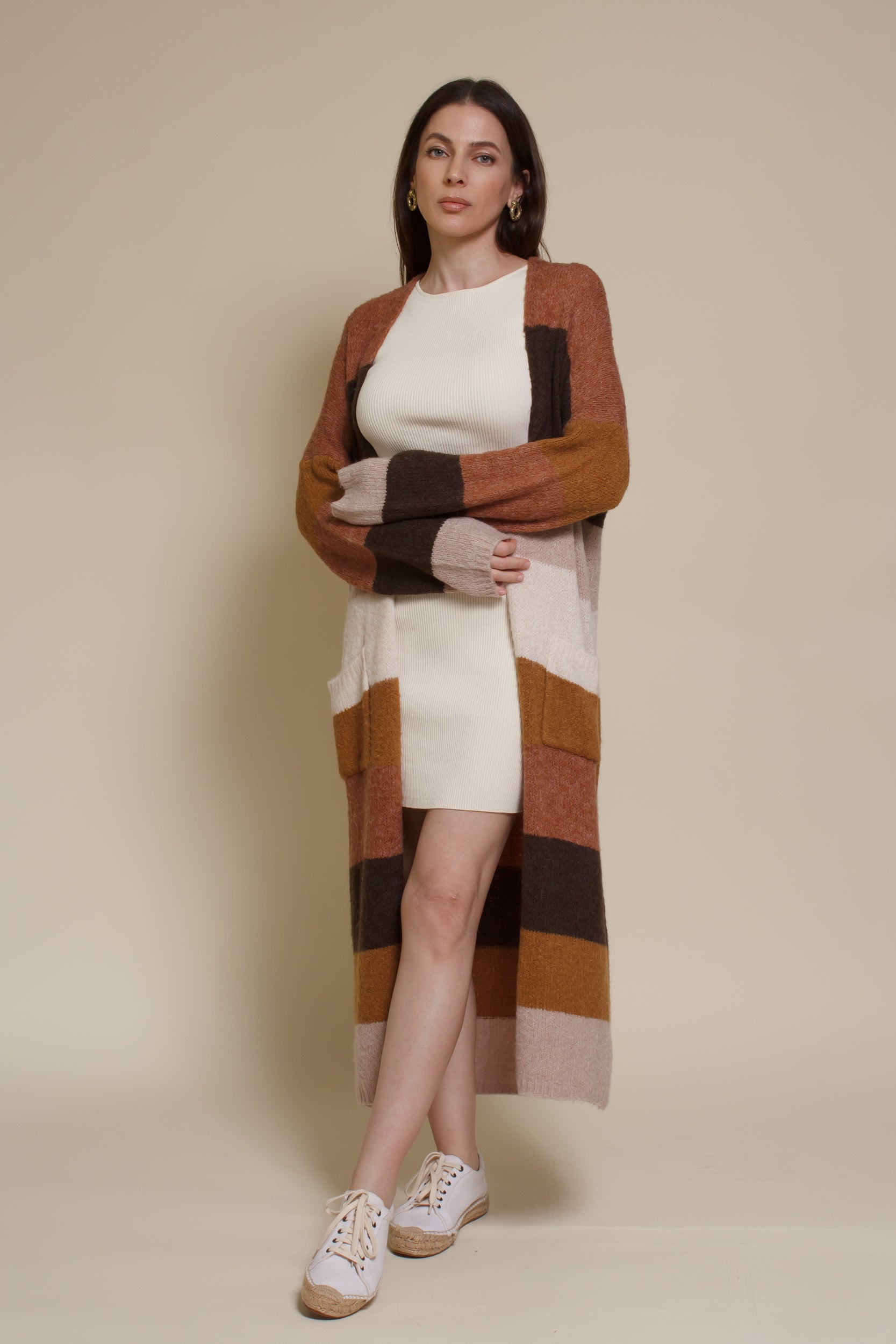 Wishlist long striped cardigan sweater with pockets, in olive combo.