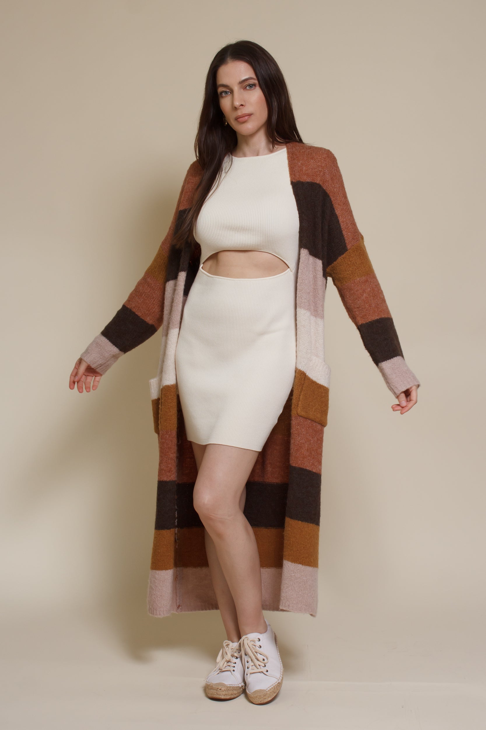 Wishlist long striped cardigan sweater with pockets, in olive combo.