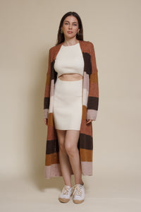 Wishlist long striped cardigan sweater with pockets, in olive combo.