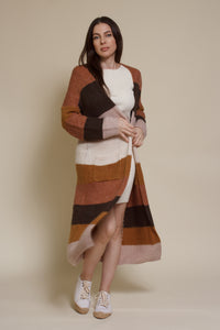 Wishlist long striped cardigan sweater with pockets, in olive combo.