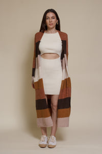 Wishlist long striped cardigan sweater with pockets, in olive combo.