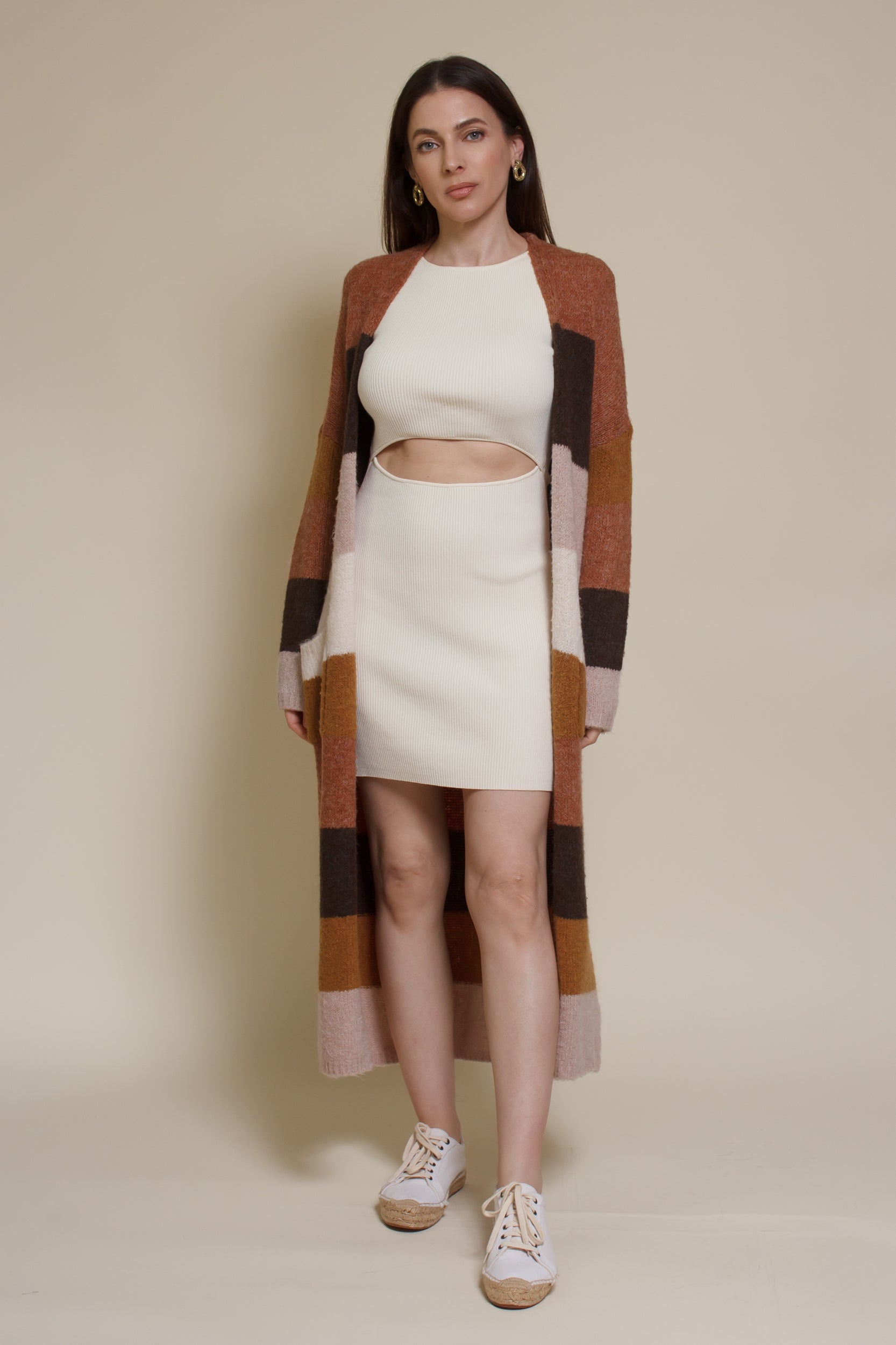 Wishlist long striped cardigan sweater with pockets, in olive combo.