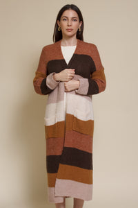 Wishlist long striped cardigan sweater with pockets, in olive combo.