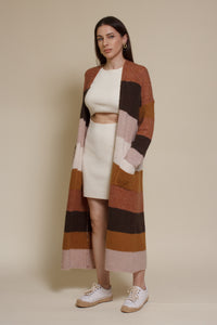 Wishlist long striped cardigan sweater with pockets, in olive combo.