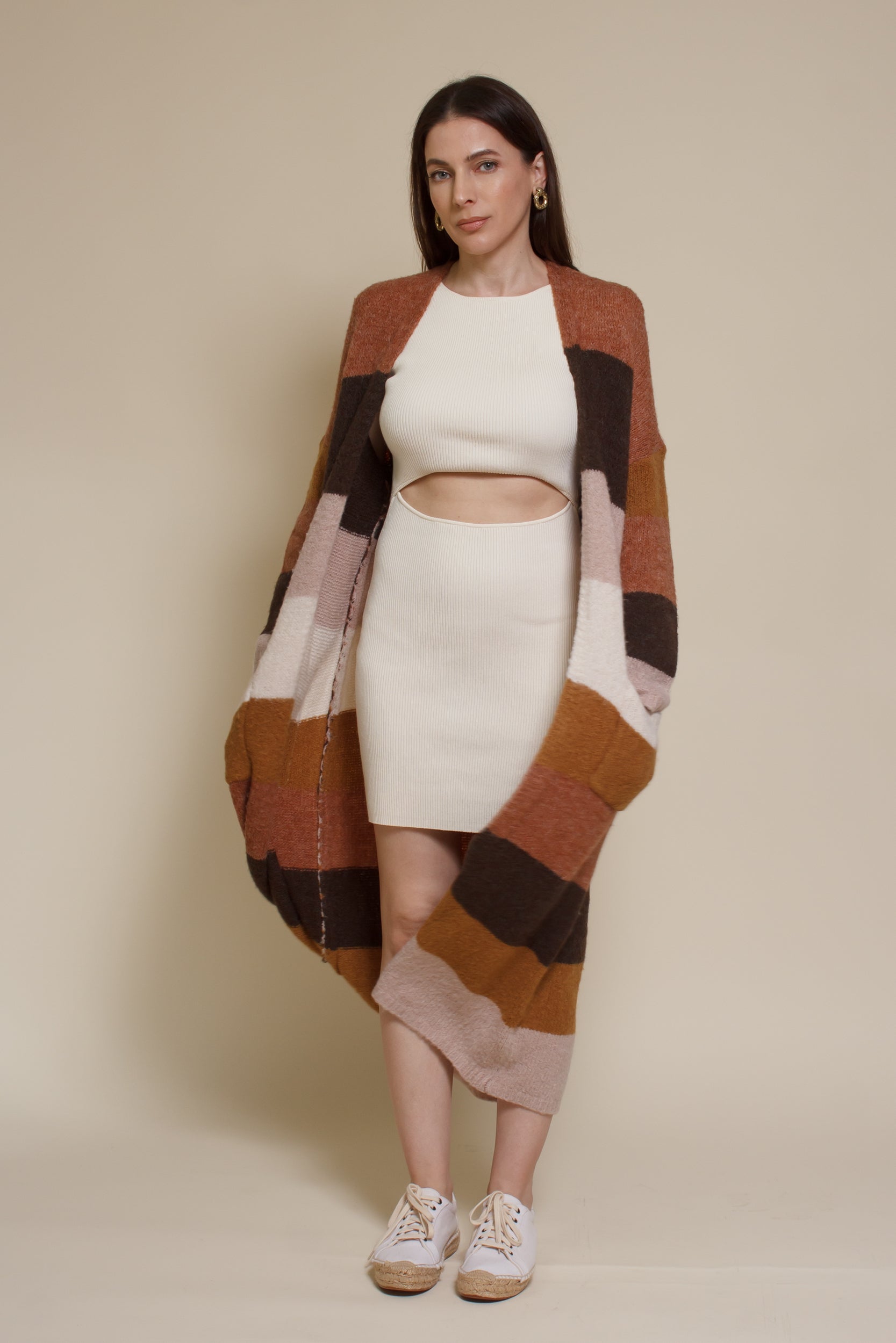 Wishlist long striped cardigan sweater with pockets, in olive combo.