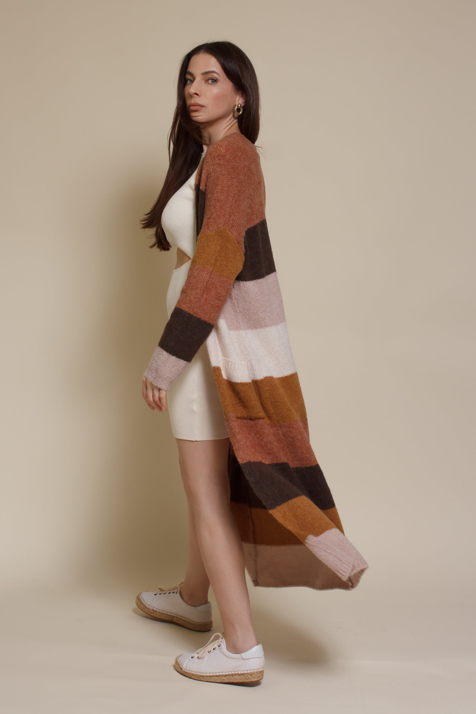Wishlist long striped cardigan sweater with pockets, in olive combo.