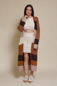 Wishlist long striped cardigan sweater with pockets, in olive combo.
