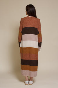 Wishlist long striped cardigan sweater with pockets, in olive combo.
