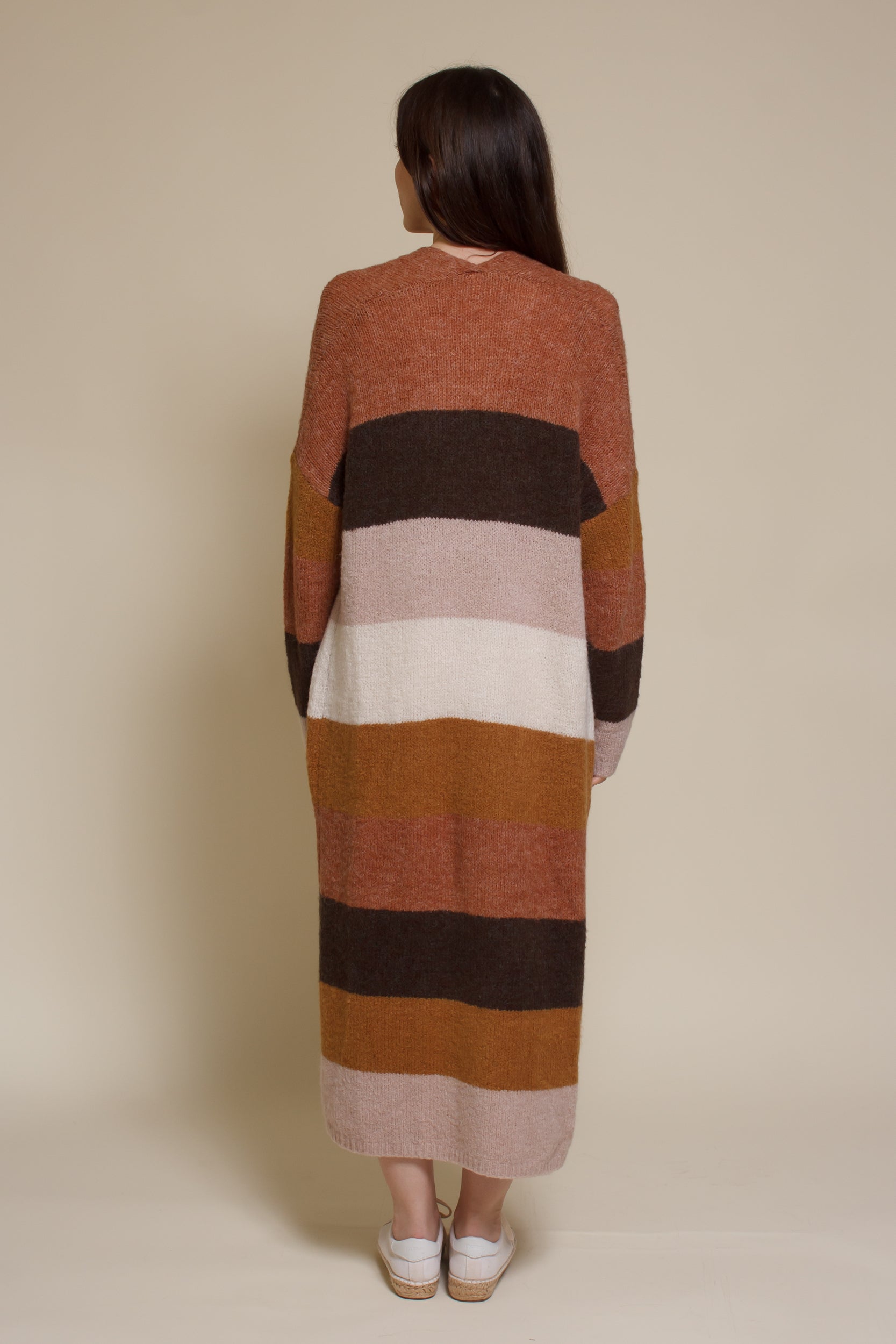 Wishlist long striped cardigan sweater with pockets, in olive combo.