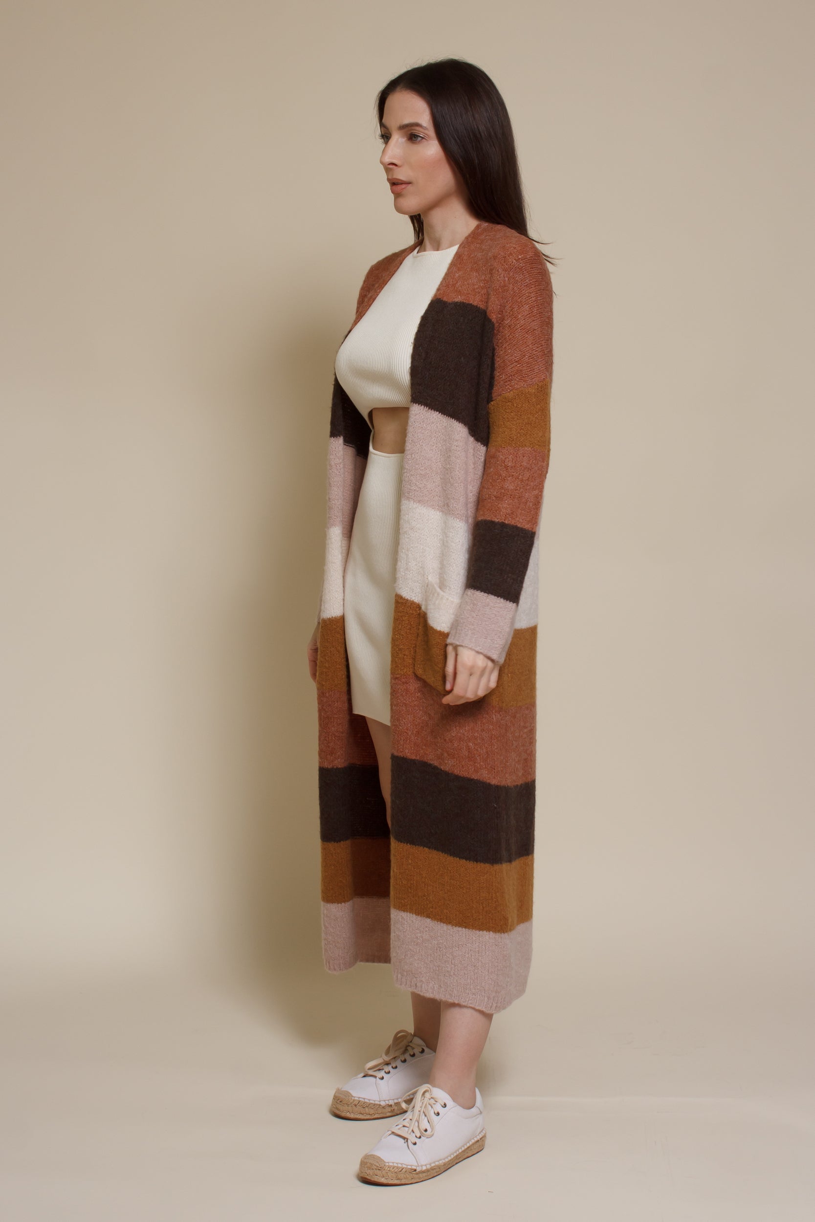 Wishlist long striped cardigan sweater with pockets, in olive combo.