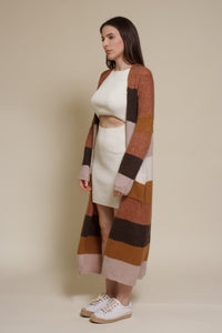 Wishlist long striped cardigan sweater with pockets, in olive combo.