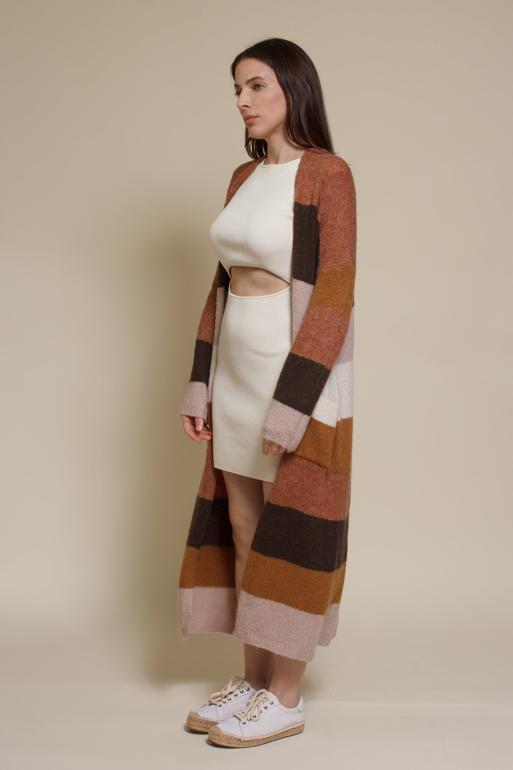 Wishlist long striped cardigan sweater with pockets, in olive combo.