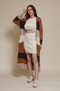 Wishlist long striped cardigan sweater with pockets, in olive combo.