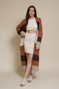 Wishlist long striped cardigan sweater with pockets, in olive combo.