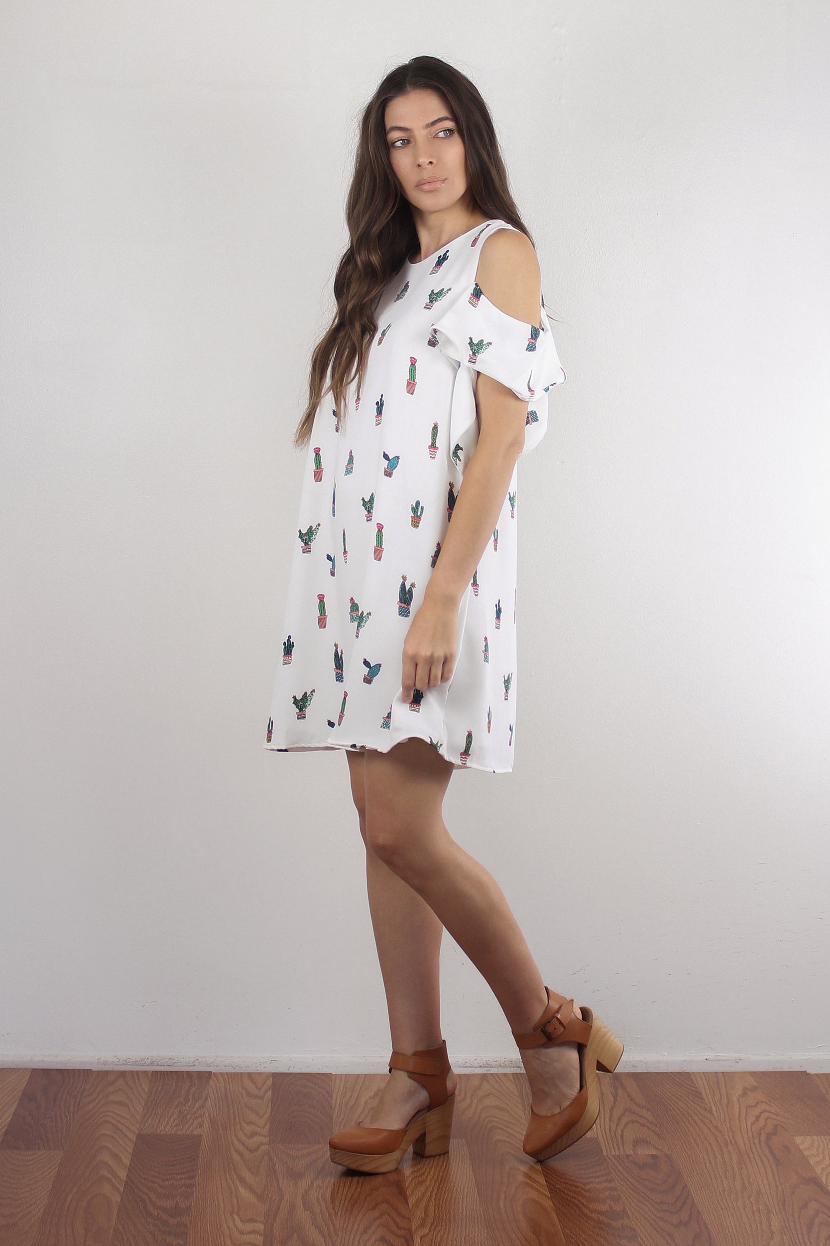 Cactus print mini dress, in white. Image 3