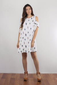 Cactus print mini dress, in white.