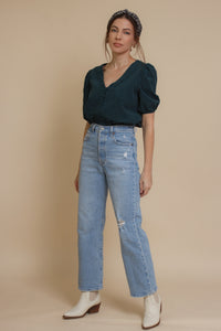 Corduroy button front blouse with puff sleeves, in teal. Image 3