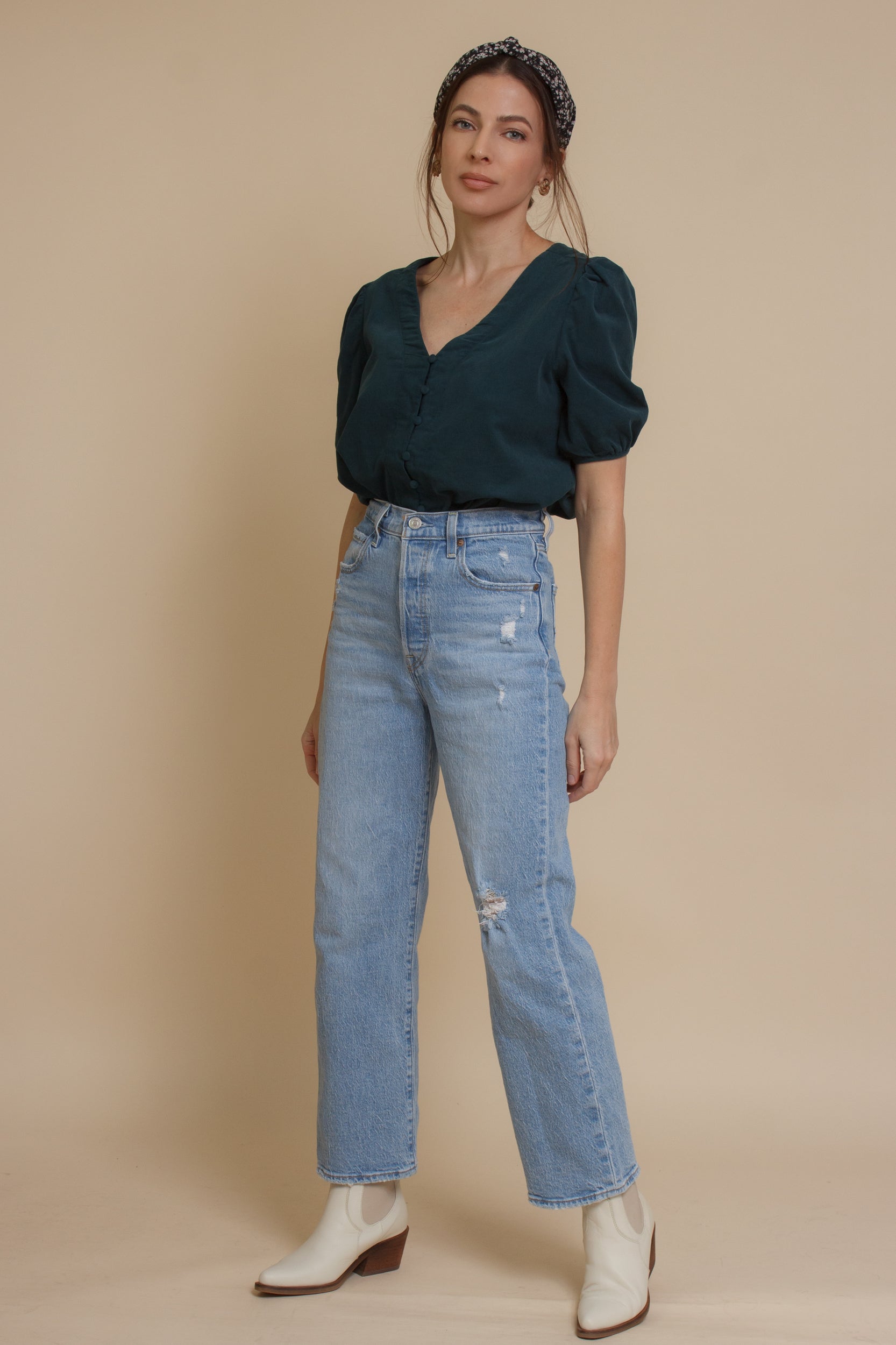 Corduroy button front blouse with puff sleeves, in teal. Image 3