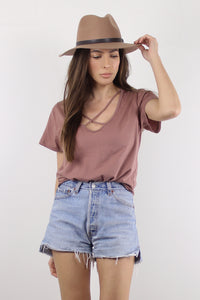 V-neck tee shirt with criss cross detail, in burl wood. Image 3