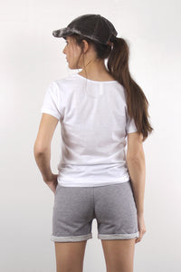 V-neck tee shirt with criss cross detail, in white. Image 5
