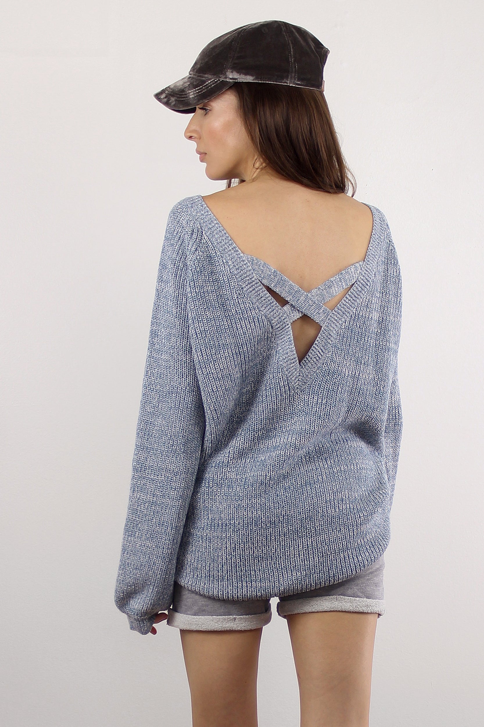 Slouchy sweater with criss cross back, in Blue.