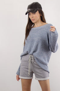 Slouchy sweater with criss cross back, in Blue.