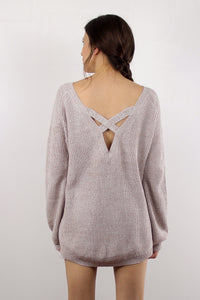 Slouchy sweater with criss cross back, in sand.