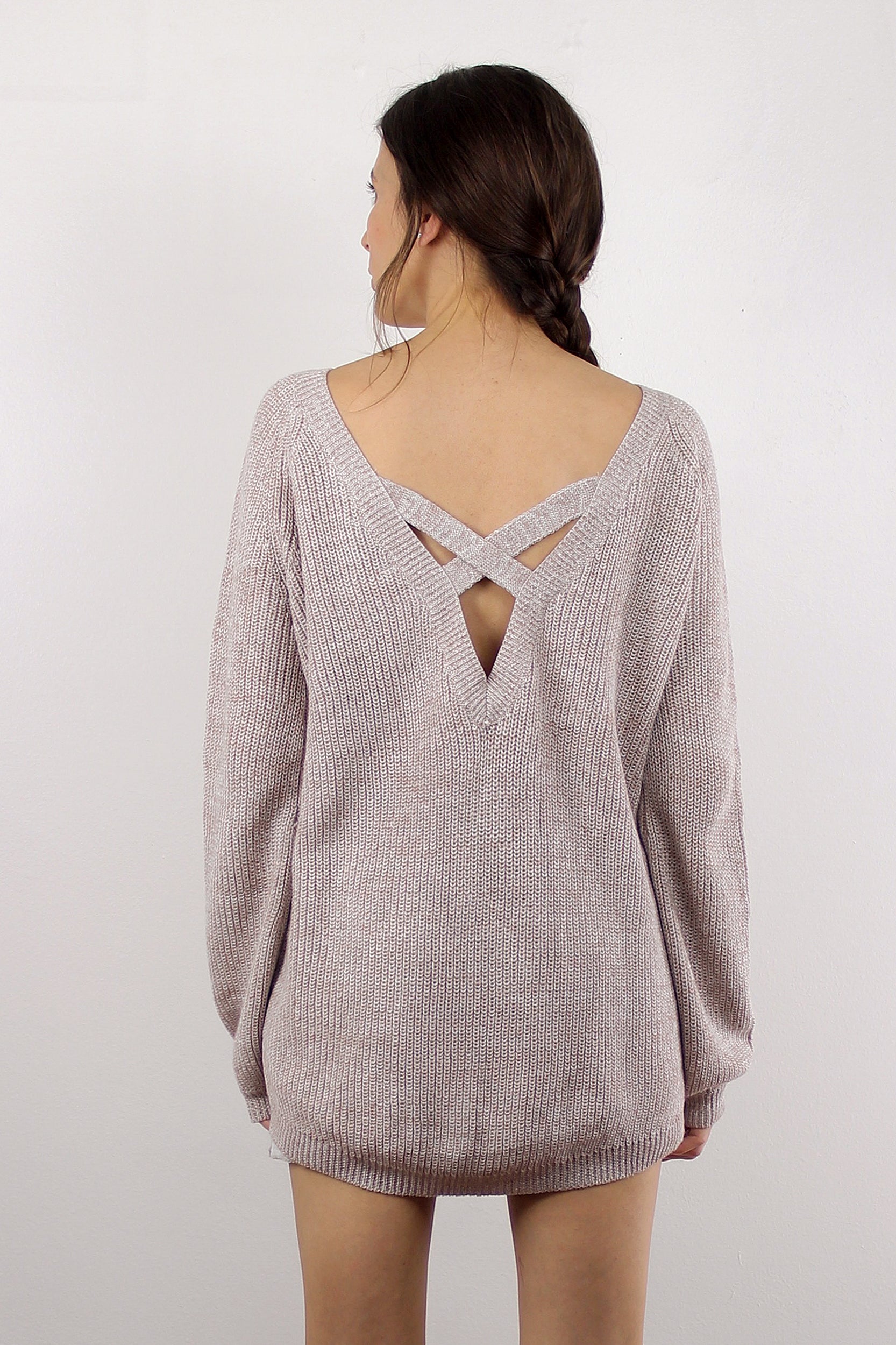 Slouchy sweater with criss cross back, in sand.