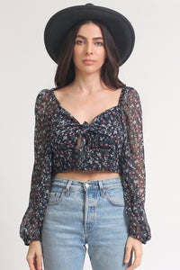 Floral puff sleeve crop top. Image 13
