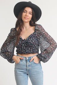 Floral puff sleeve crop top. Image 14