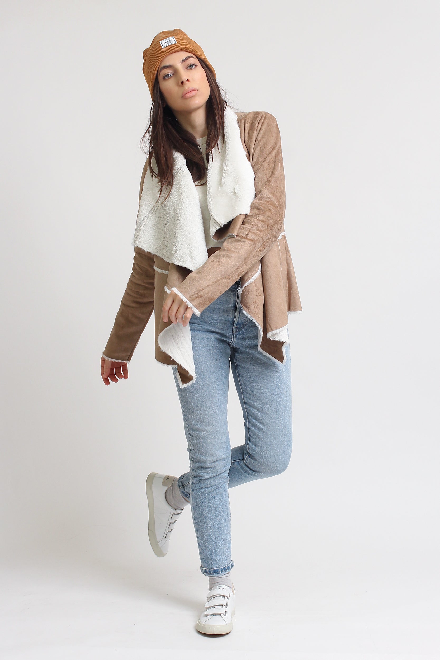 Faux suede sherpa jacket, in camel. Image 5