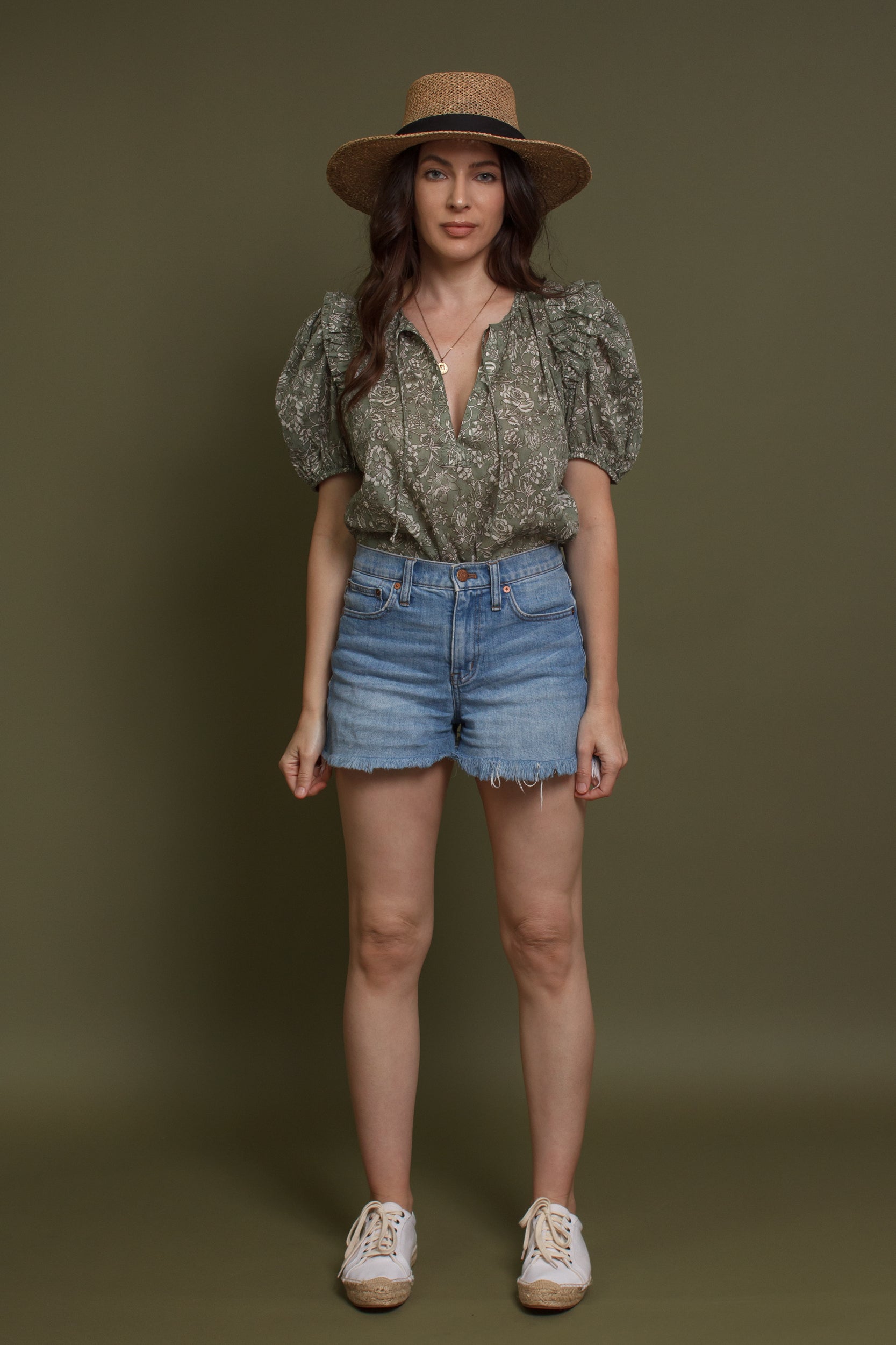Floral print puff sleeve cotton blouse, in olive. Image 14
