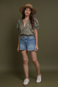 Floral print puff sleeve cotton blouse, in olive. Image 3
