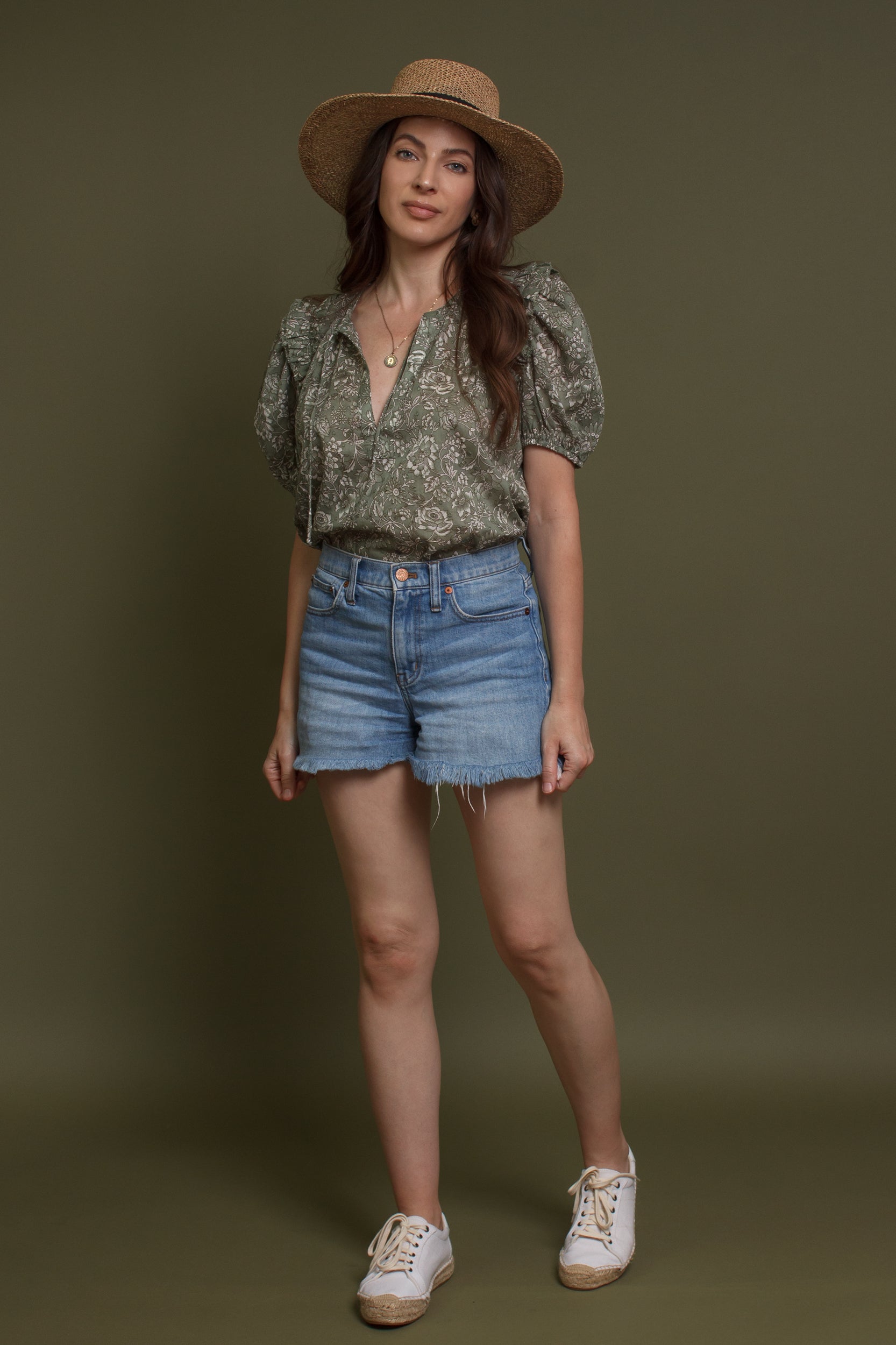 Floral print puff sleeve cotton blouse, in olive. Image 3