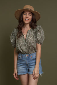 Floral print puff sleeve cotton blouse, in olive. Image 9