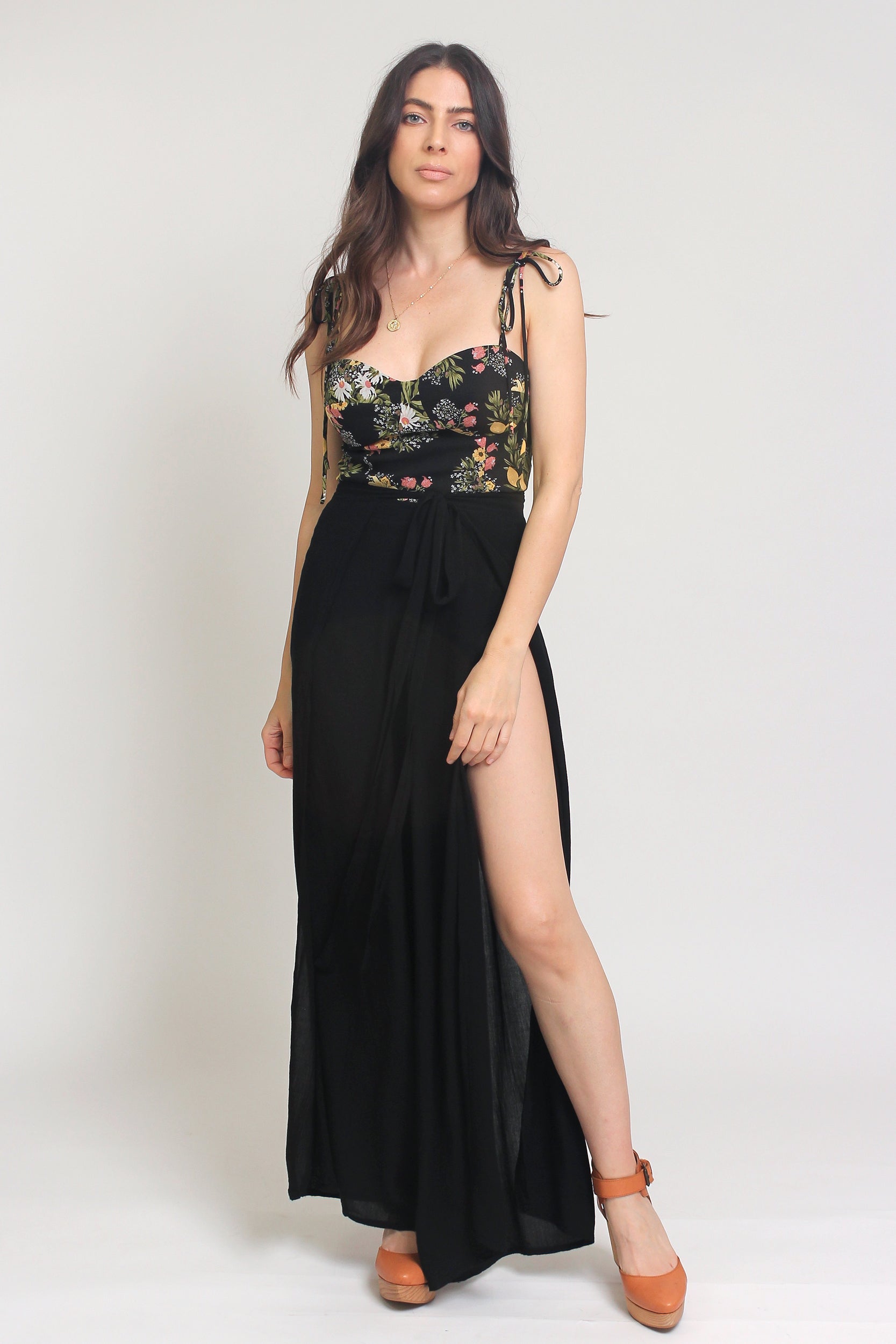 Floral print bustier style camisole with tie straps, in Black. Image 11