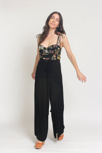 Floral print bustier style camisole with tie straps, in Black. Image 3