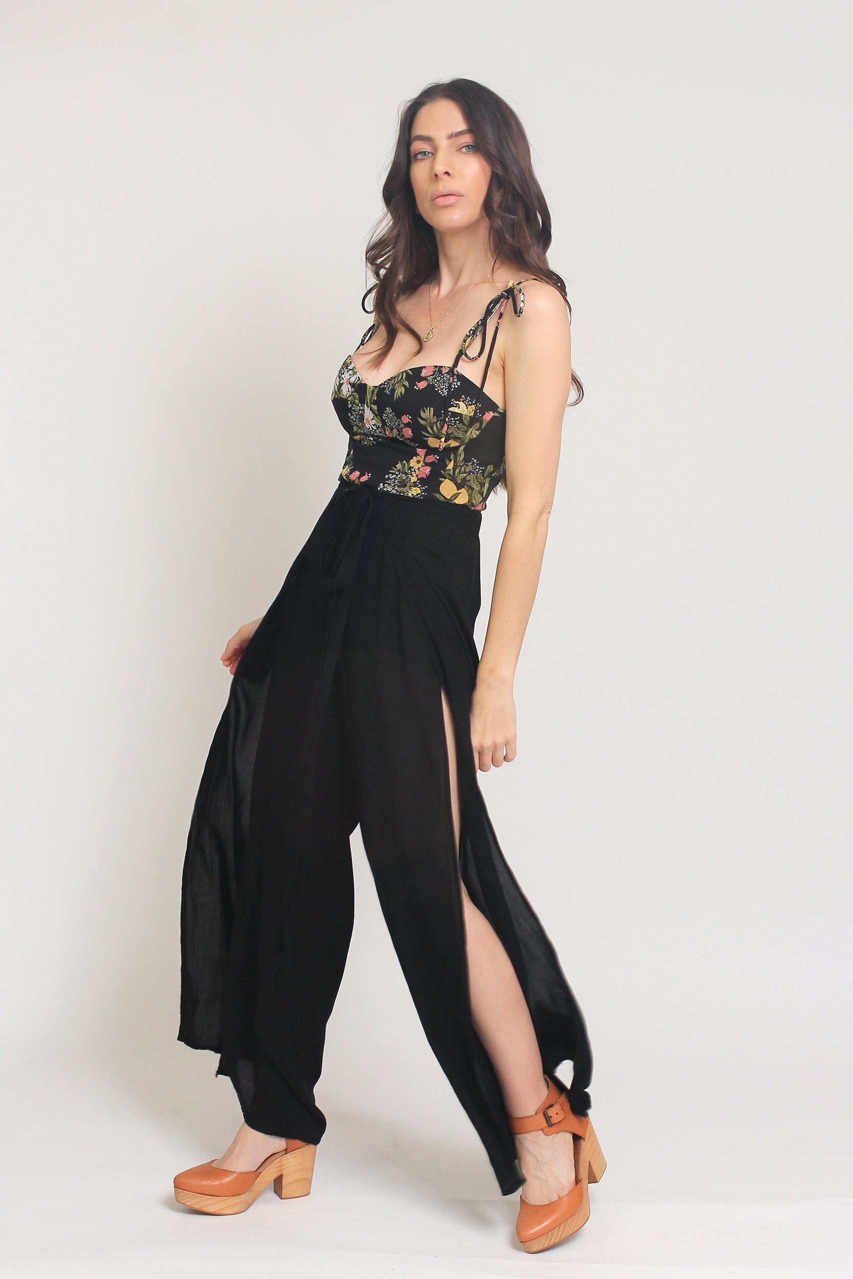 Floral print bustier style camisole with tie straps, in Black. Image 5