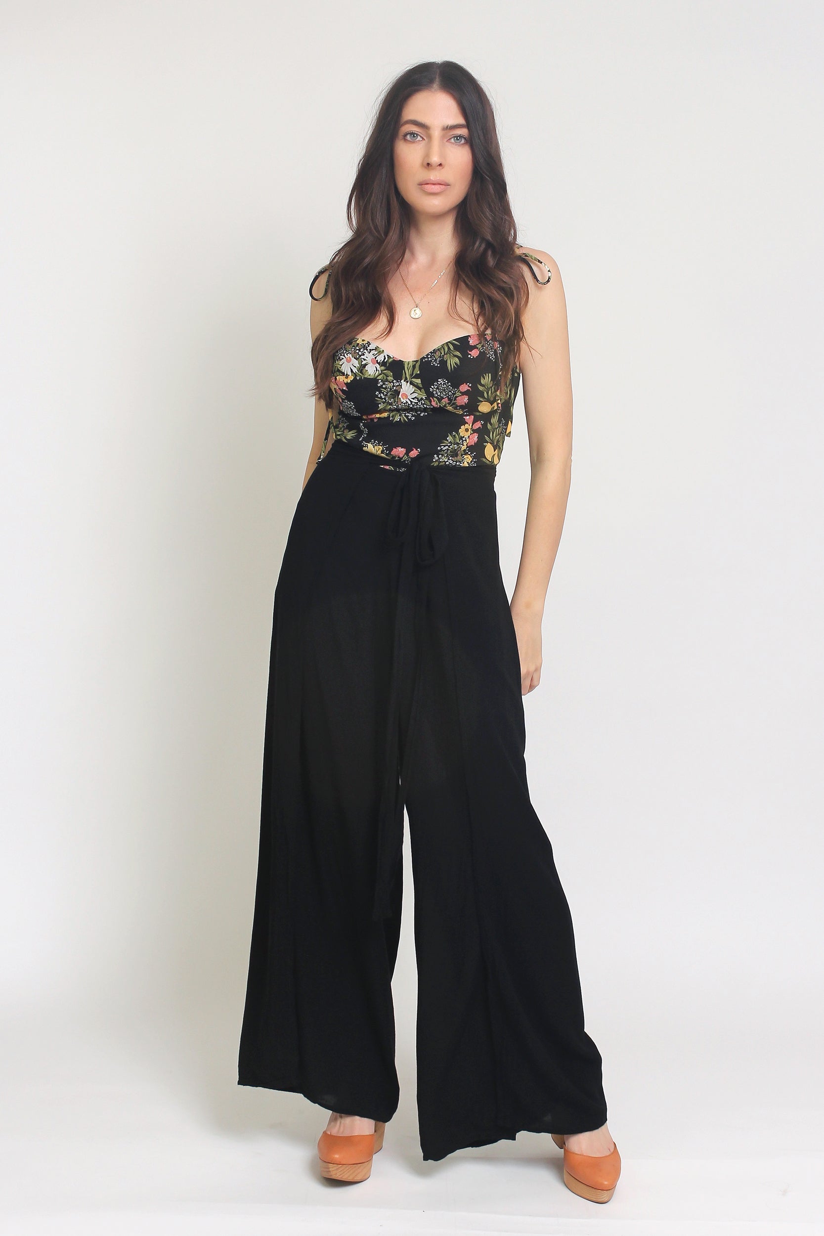 Floral print bustier style camisole with tie straps, in Black.