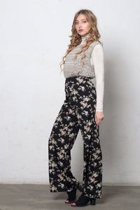 Wide leg, floral print pants, in black.