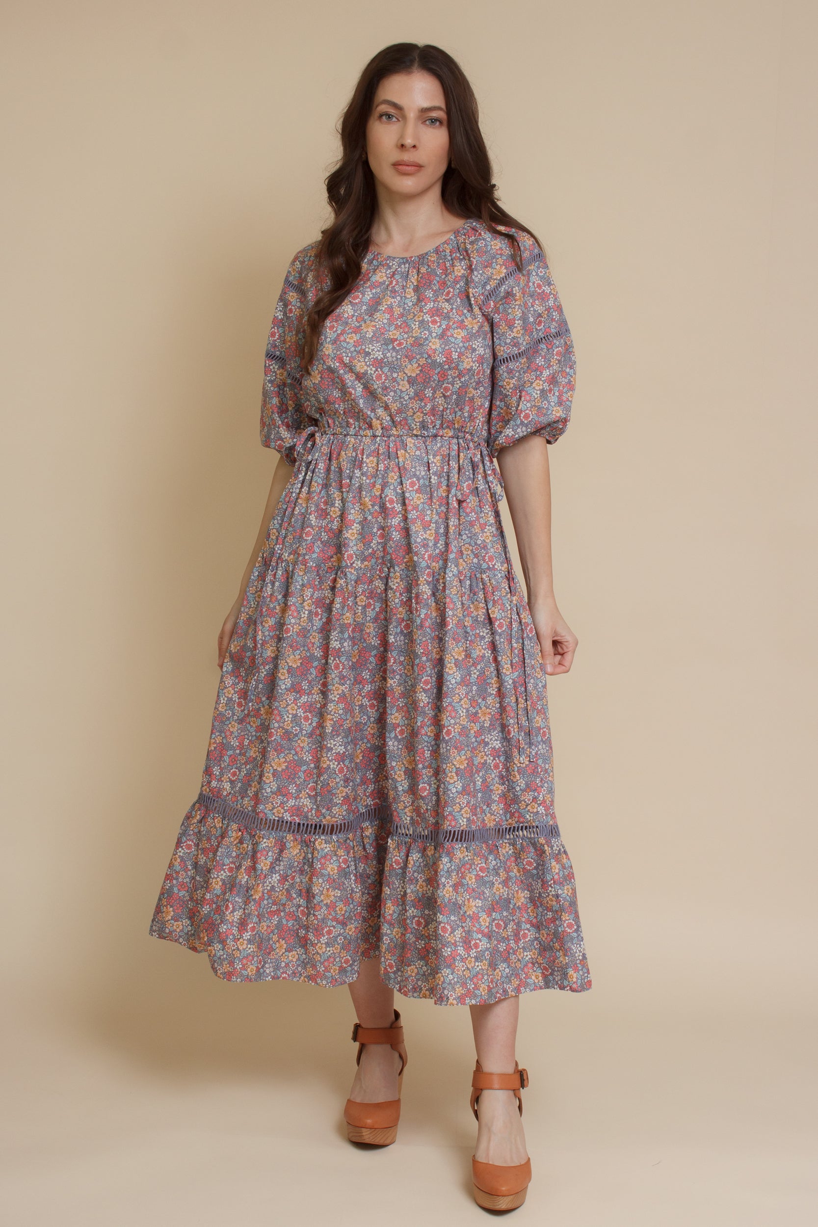 Floral puff sleeve midi dress, in light purple.
