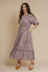 Floral puff sleeve midi dress, in light purple.