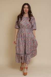 Floral puff sleeve midi dress, in light purple.