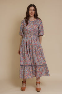 Floral puff sleeve midi dress, in light purple.