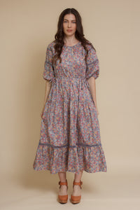 Floral puff sleeve midi dress, in light purple.