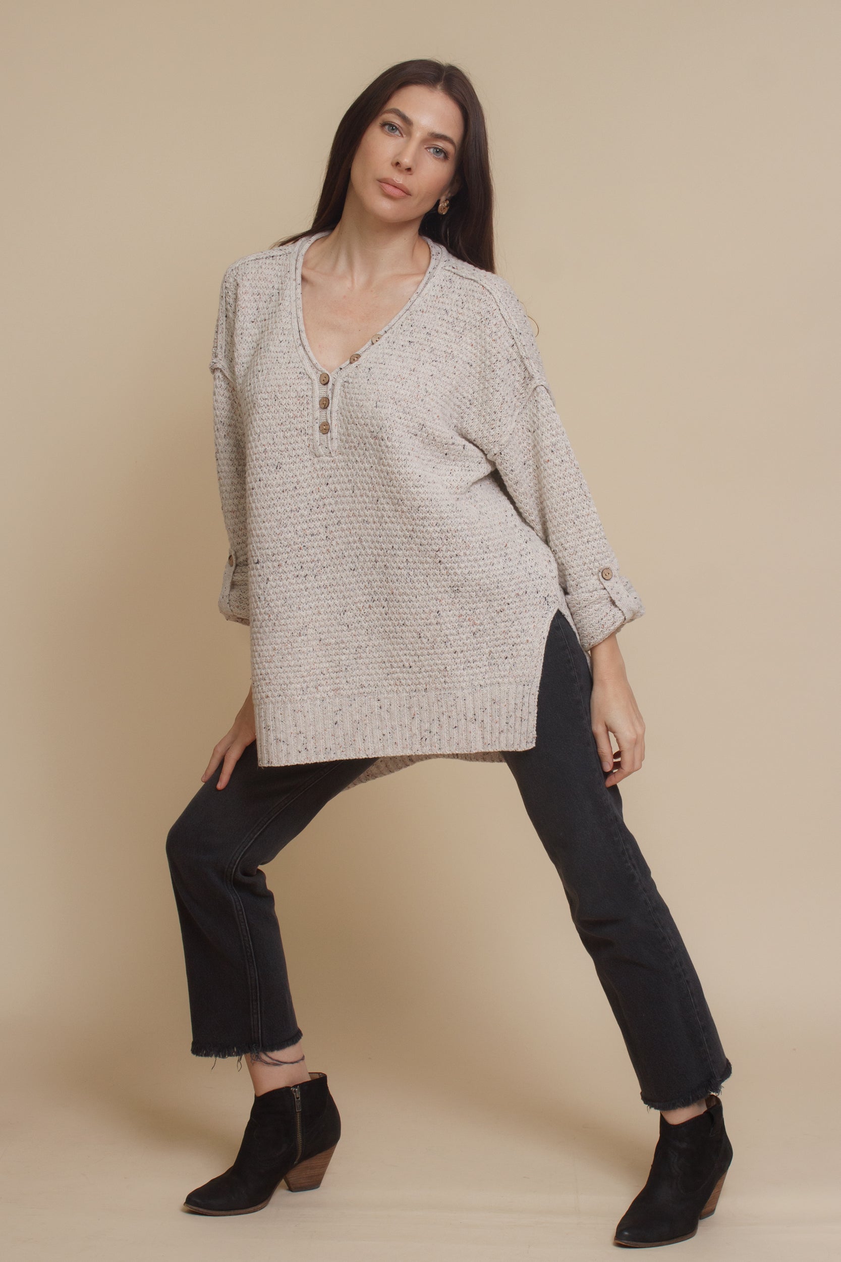 Henley sweater, in eggshell.